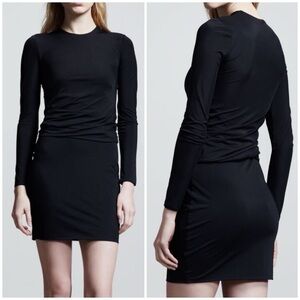 T Alexander Wang Black Stretch Jersey Long Sleeve Ruched Twist Mini Dress